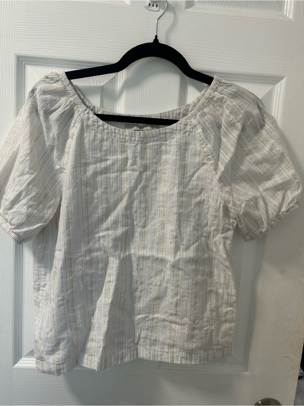 LOFT Ivory Striped Puff-Sleeve Top